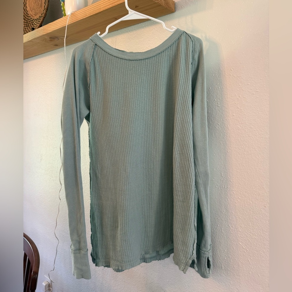 We the Free People Long Sleeve Waffle Knit Top - Sage Green Honey B Crewneck FP